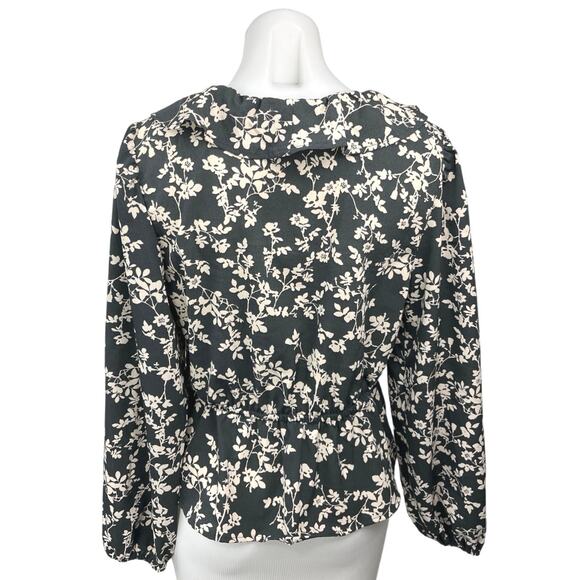Old Navy Black Ivory Floral Tie Neck V Neck Ruffle Long Sleeve Blouse Top Size M - Picture 4 of 7